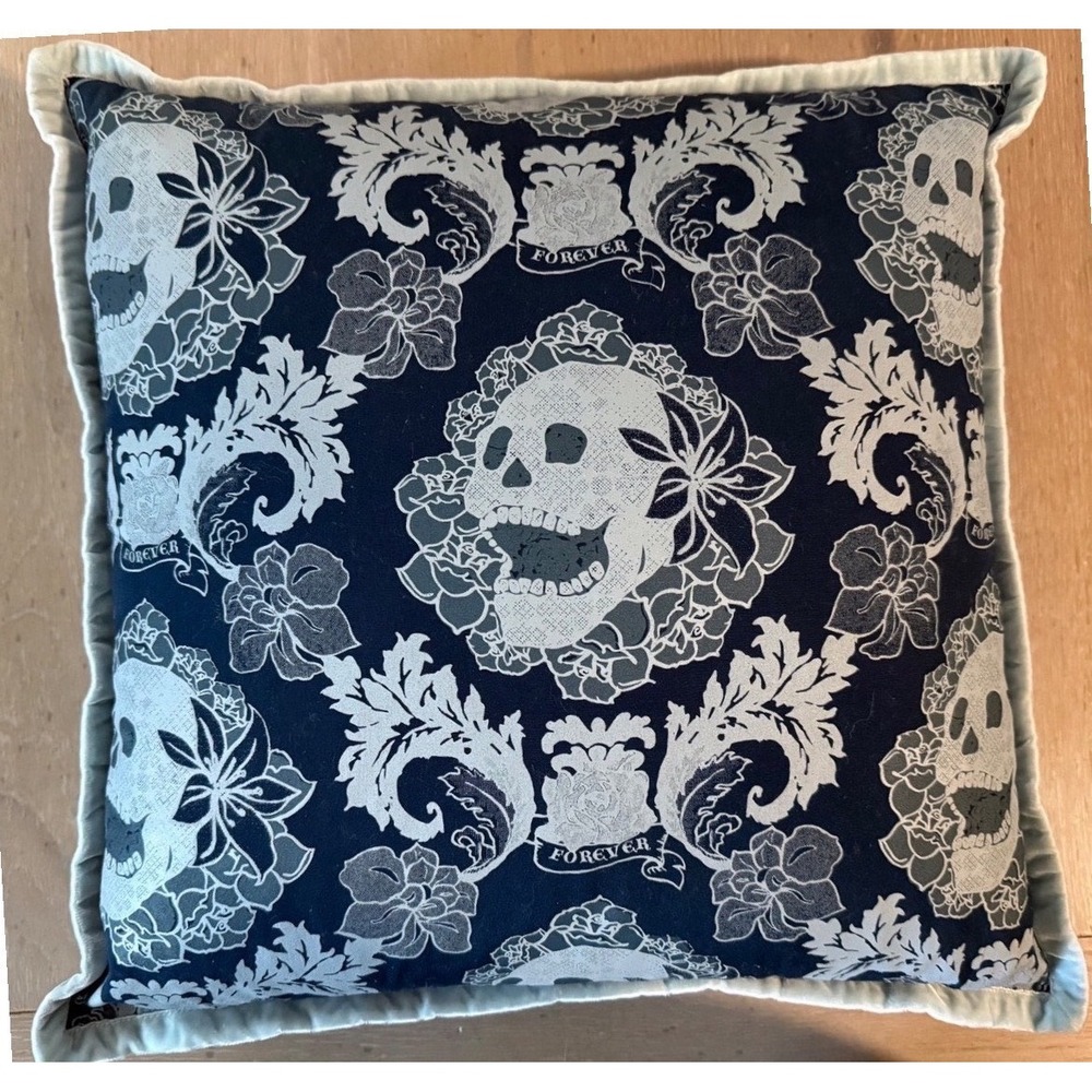 Melissa Bamber Navy Blue Gothic Skull Floral Forever Throw Pillow 16x16  Cushion